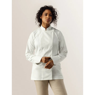 Person wearing a white chef's coat with Crossbody closer on a plain background