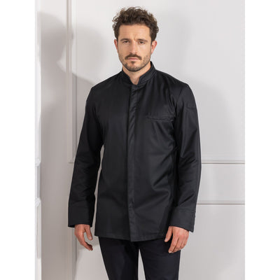 A Highly rated chef wearing a black Falco, European chef coat