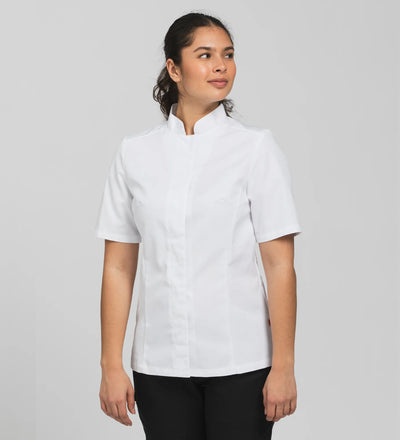 Lady chef wearing a short sleeve white chef's coat and black pants