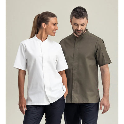 The best chefs in America, wearing short sleeve, chef jacket, in a variety of colors like black, white, and green. 