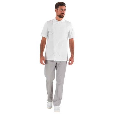 Lafont PARSLEY white, short sleeve men's chef coat, front view lifestyle photo, professional kitchen uniform.