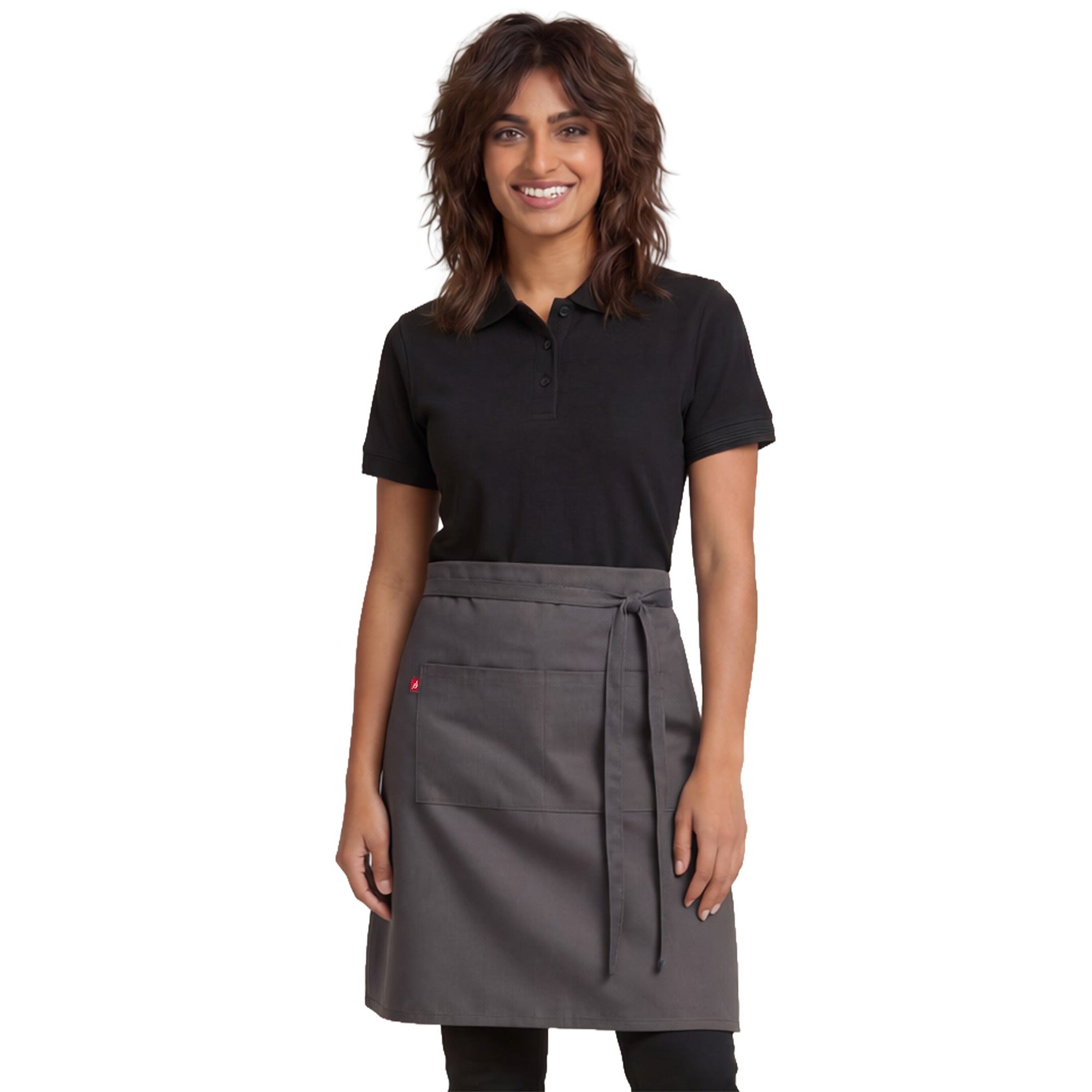 Waitress wearing a black polo shirt and gray apron with waist ties