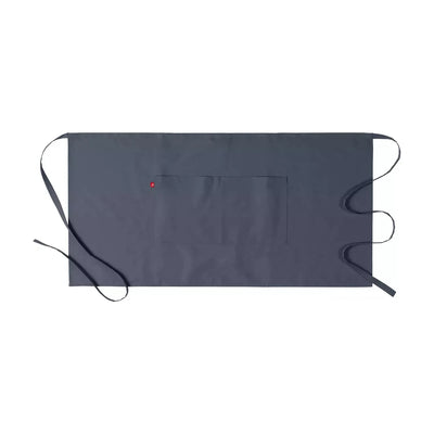 A grey waist apron with a front pocket and adjustable loops for hanging, made from a blend of recycled polyester and cotton.