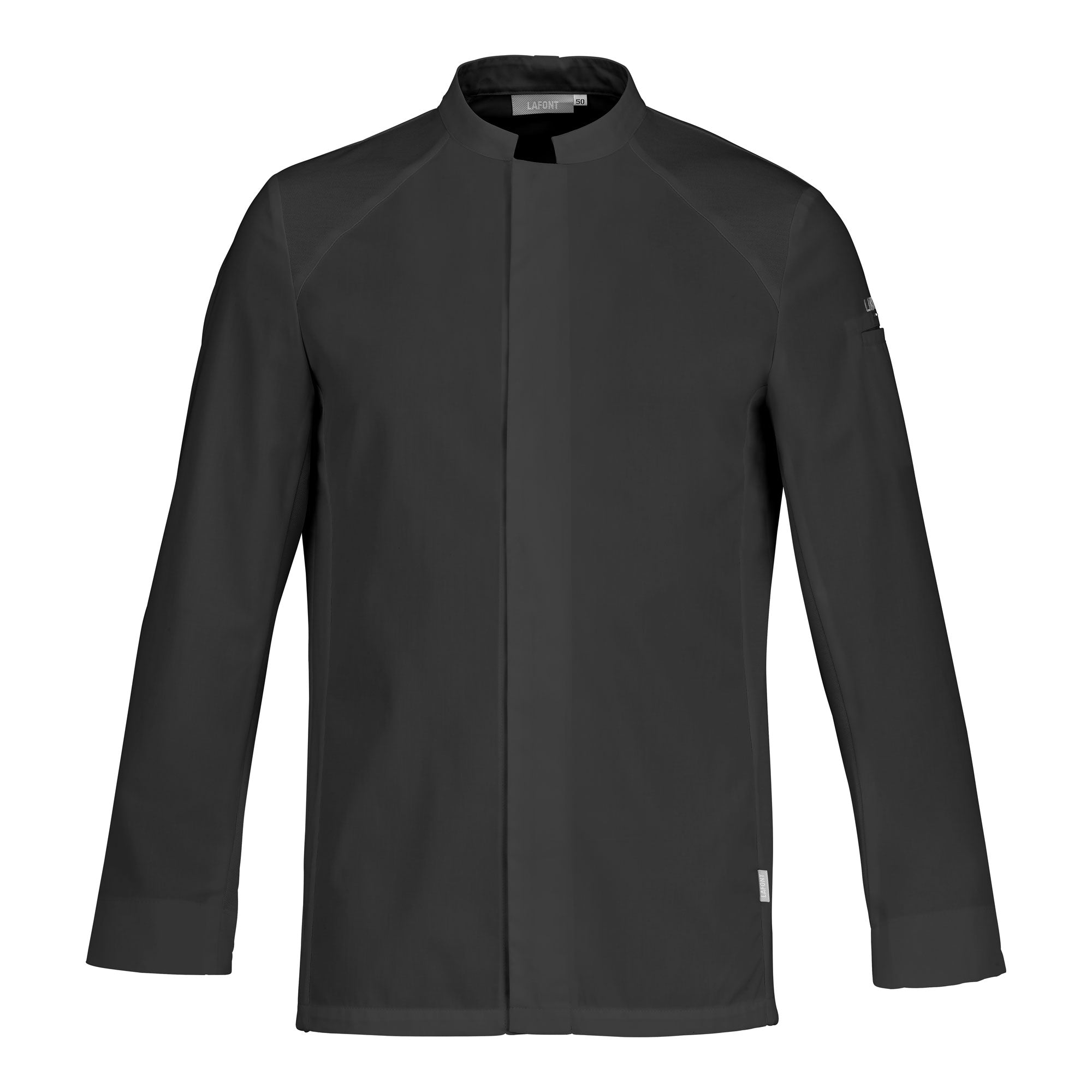 Front view of a men's long-sleeve black chef coat with breathable side vents, and a mandarin collar.