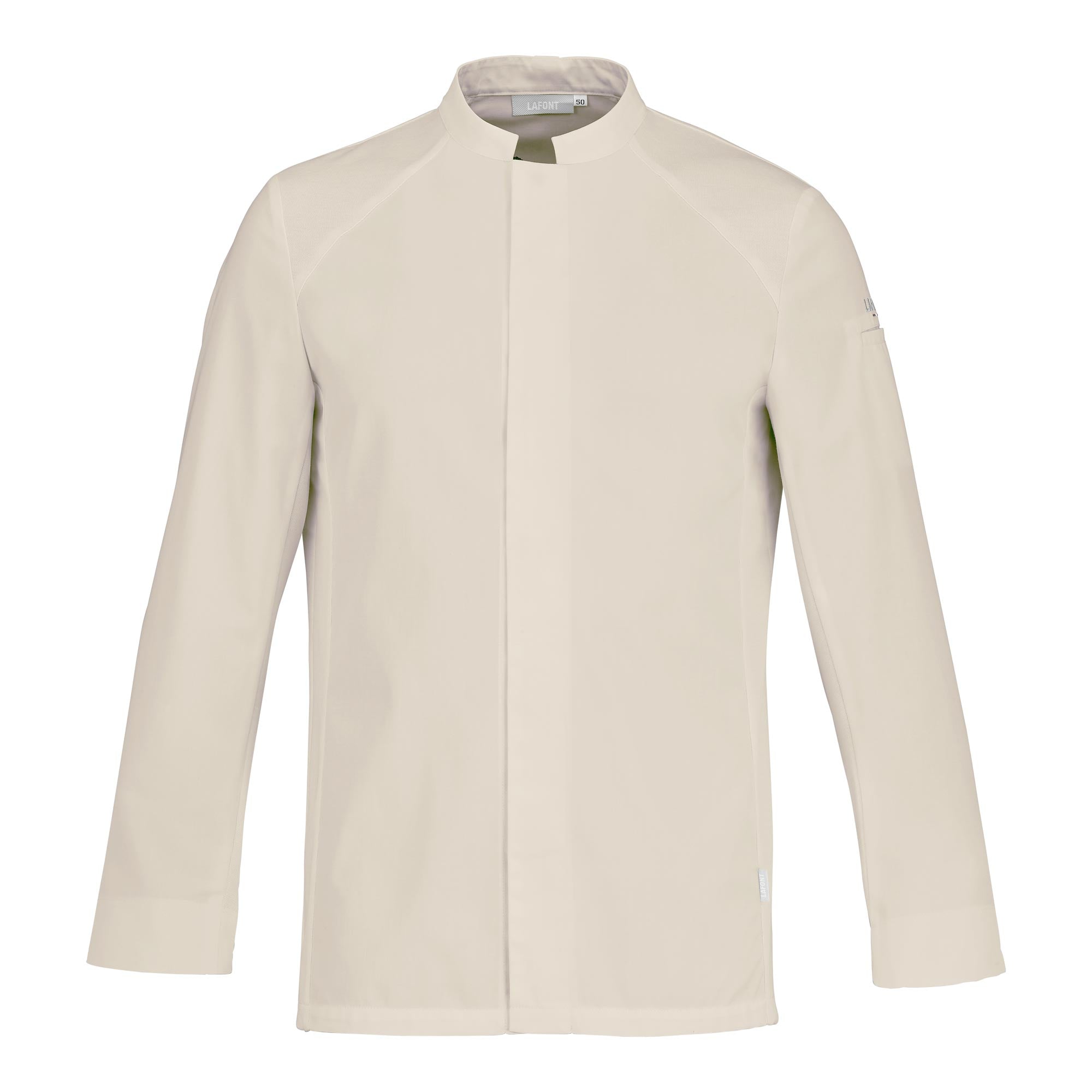 Front detail view of a men's long-sleeve beige chef coat with breathable side vents, and a mandarin collar.