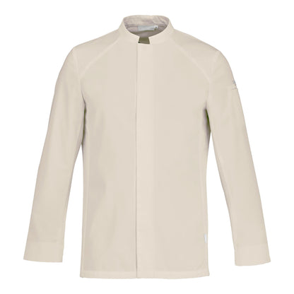 Front detail view of a men's long-sleeve beige chef coat with breathable side vents, and a mandarin collar.