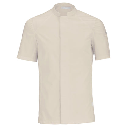 Front view of a short-sleeve beige chef coat with a mandarin collar, designed for men. The coat has a hidden front fastening and is made to be worn comfortably all day.