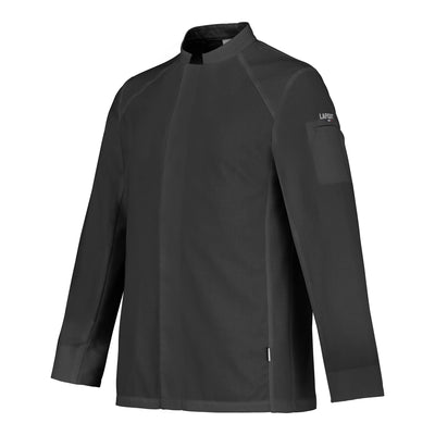 Side view of a long-sleeve black chef coat with breathable side vents, and a mandarin collar, designed for men.