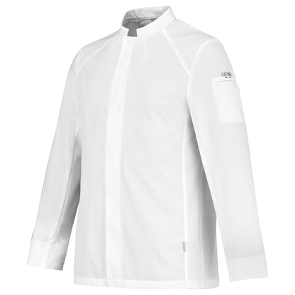 Side view of a long-sleeve white chef coat with breathable side vents, and a mandarin collar, designed for men.