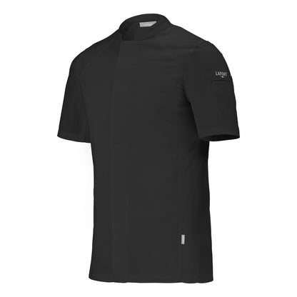 A short-sleeve black chef coat with a mandarin collar, designed for men. The coat has a hidden front fastening and is made from a blend of fabric.