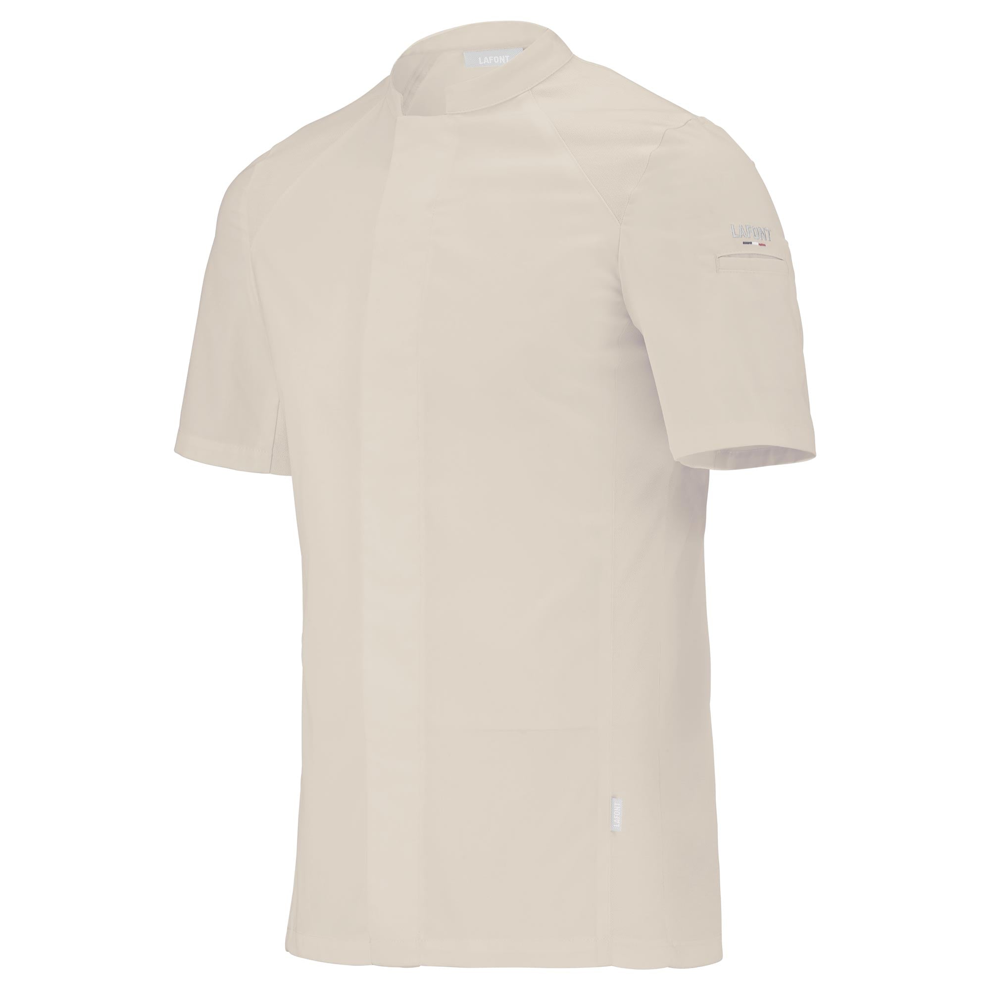 Side view of a short-sleeve beige chef coat with a mandarin collar, designed for men. The coat has a hidden front fastening and is made to be worn comfortably all day.