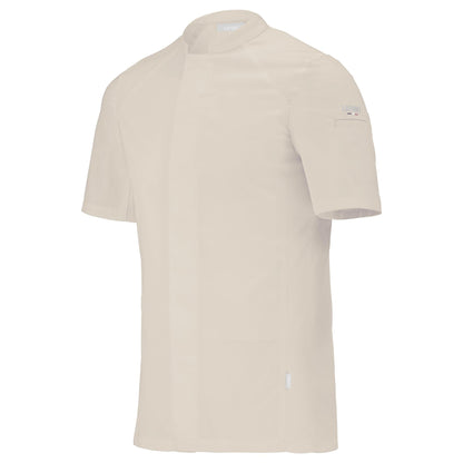 Side view of a short-sleeve beige chef coat with a mandarin collar, designed for men. The coat has a hidden front fastening and is made to be worn comfortably all day.