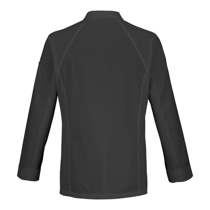 Back detail view of a men's long-sleeve black chef coat with breathable side vents, and a mandarin collar.