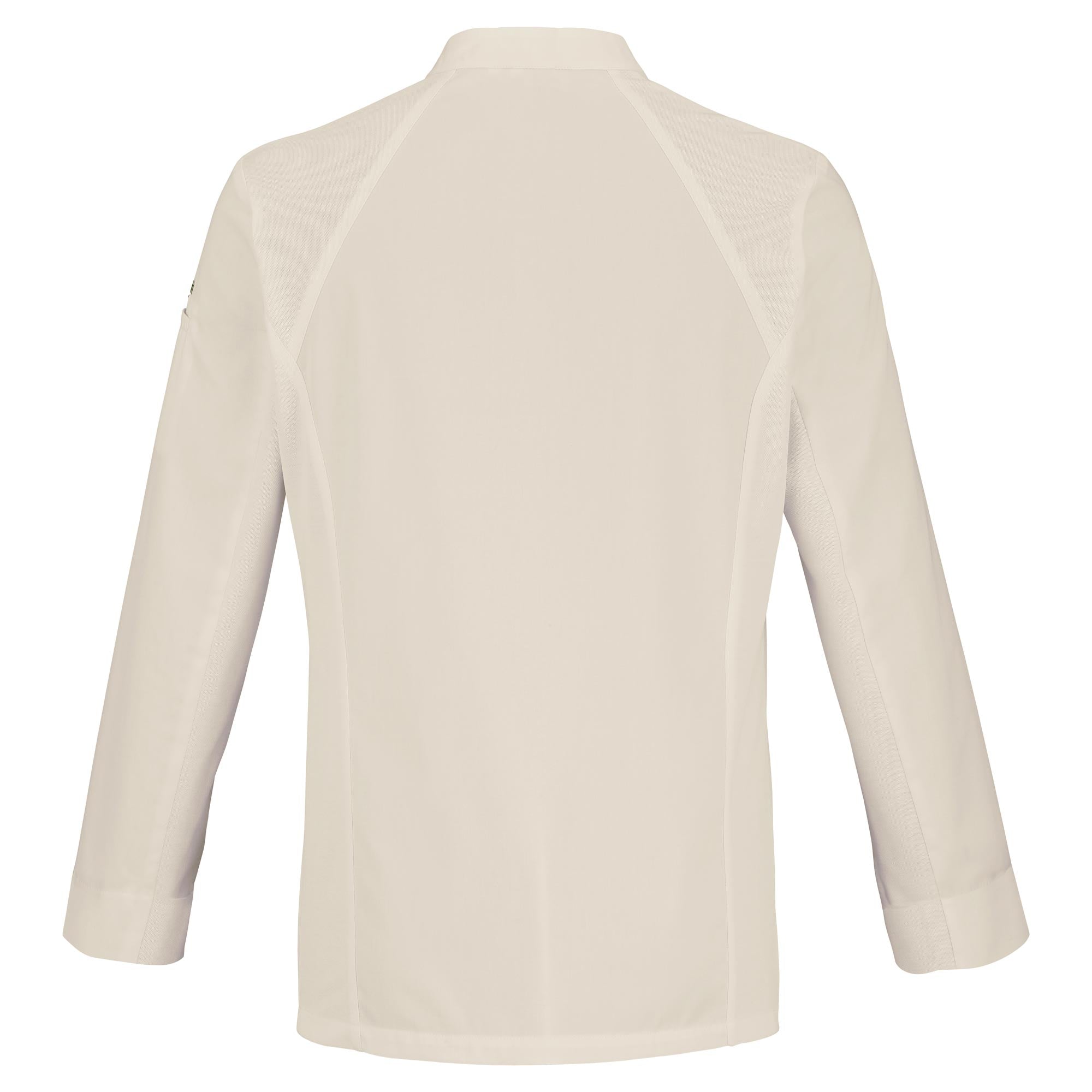 Back detail view of a men's long-sleeve beige chef coat with breathable side vents, and a mandarin collar.