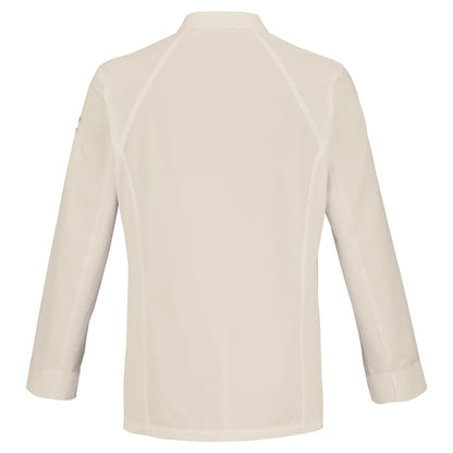 Back detail view of a men's long-sleeve beige chef coat with breathable side vents, and a mandarin collar.
