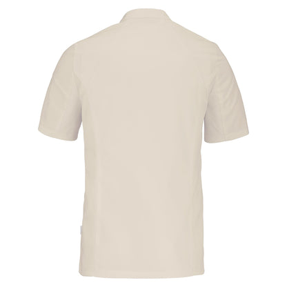 Back view of a short-sleeve beige chef coat with a mandarin collar, designed for men. The coat has a hidden front fastening and is made to be worn comfortably all day.