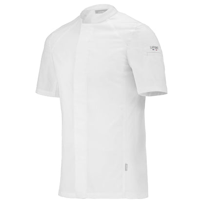 Side view of a short-sleeve white chef coat with a mandarin collar, designed for men. The coat has a hidden front fastening and is made to be worn comfortably all day.