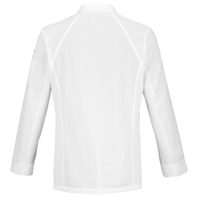 Back view of a long-sleeve white French chef coat with breathable side vents,and a mandarin collar, designed for men.