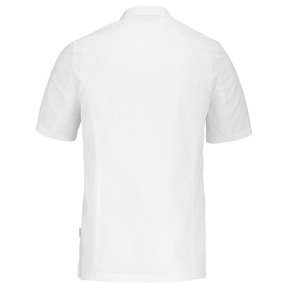 Back view of a short-sleeve white chef coat with a mandarin collar, designed for men. The coat has a hidden front fastening and is made to be worn comfortably all day.