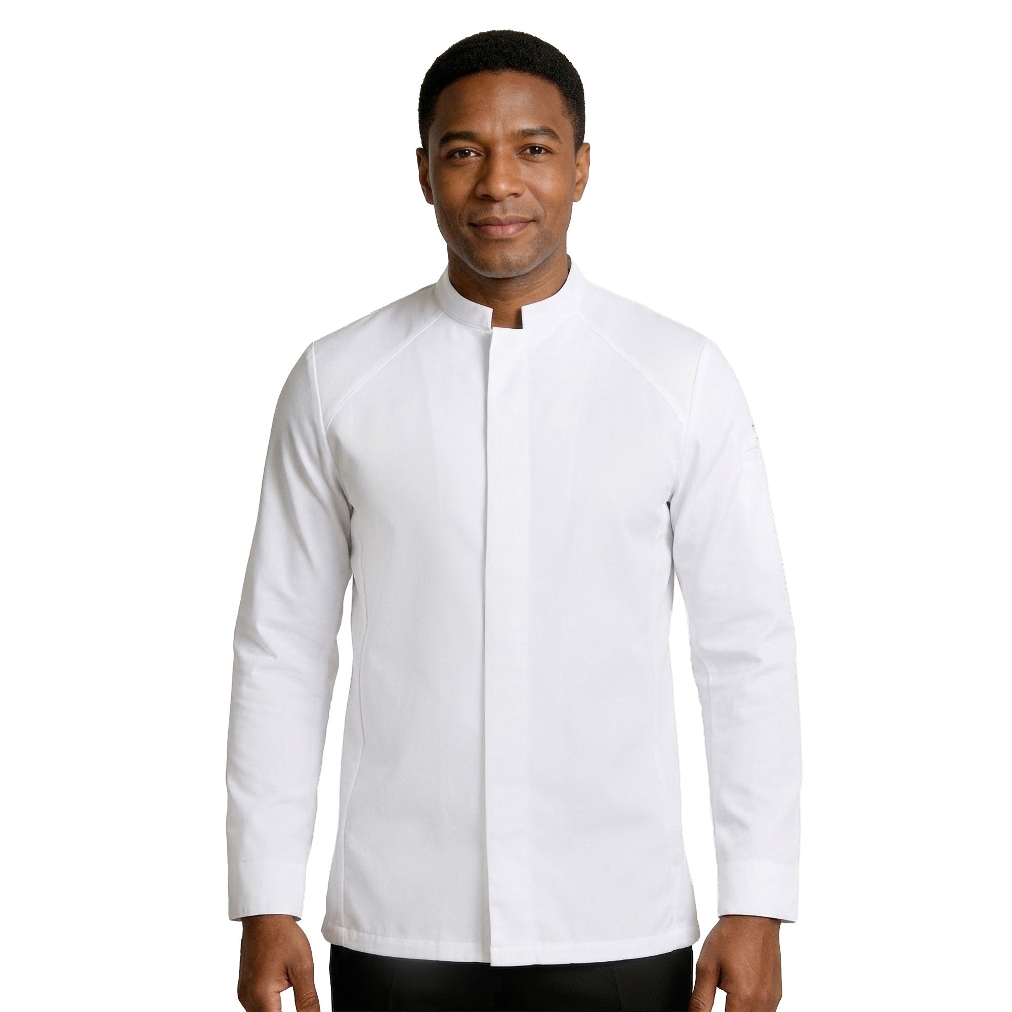 Lead chef wearing a white chef's coat with  premium fabric and breathable mesh panels. 