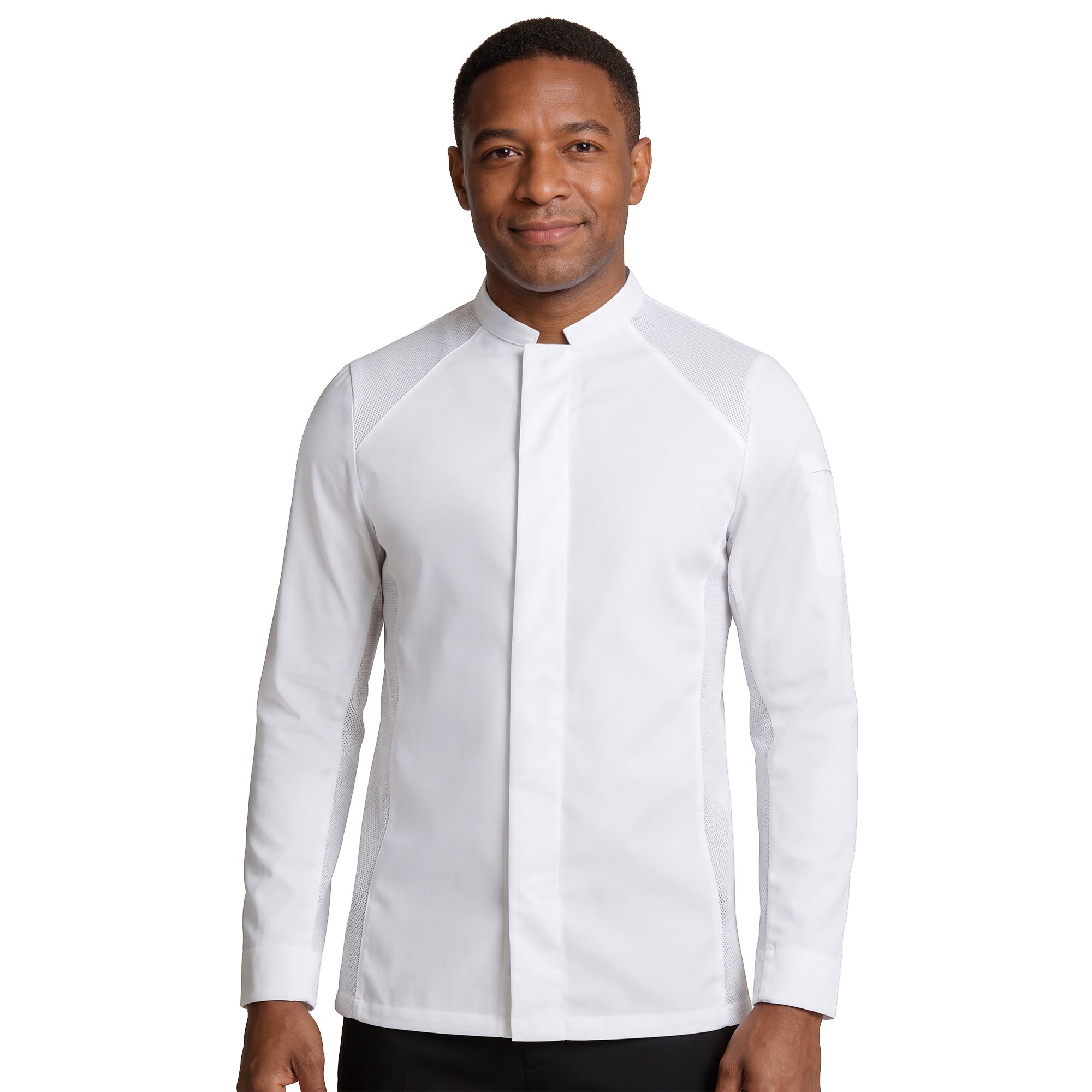 Restaurant chef wearing a white chef's coat with  premium athletic fabric and breathable mesh panels. 