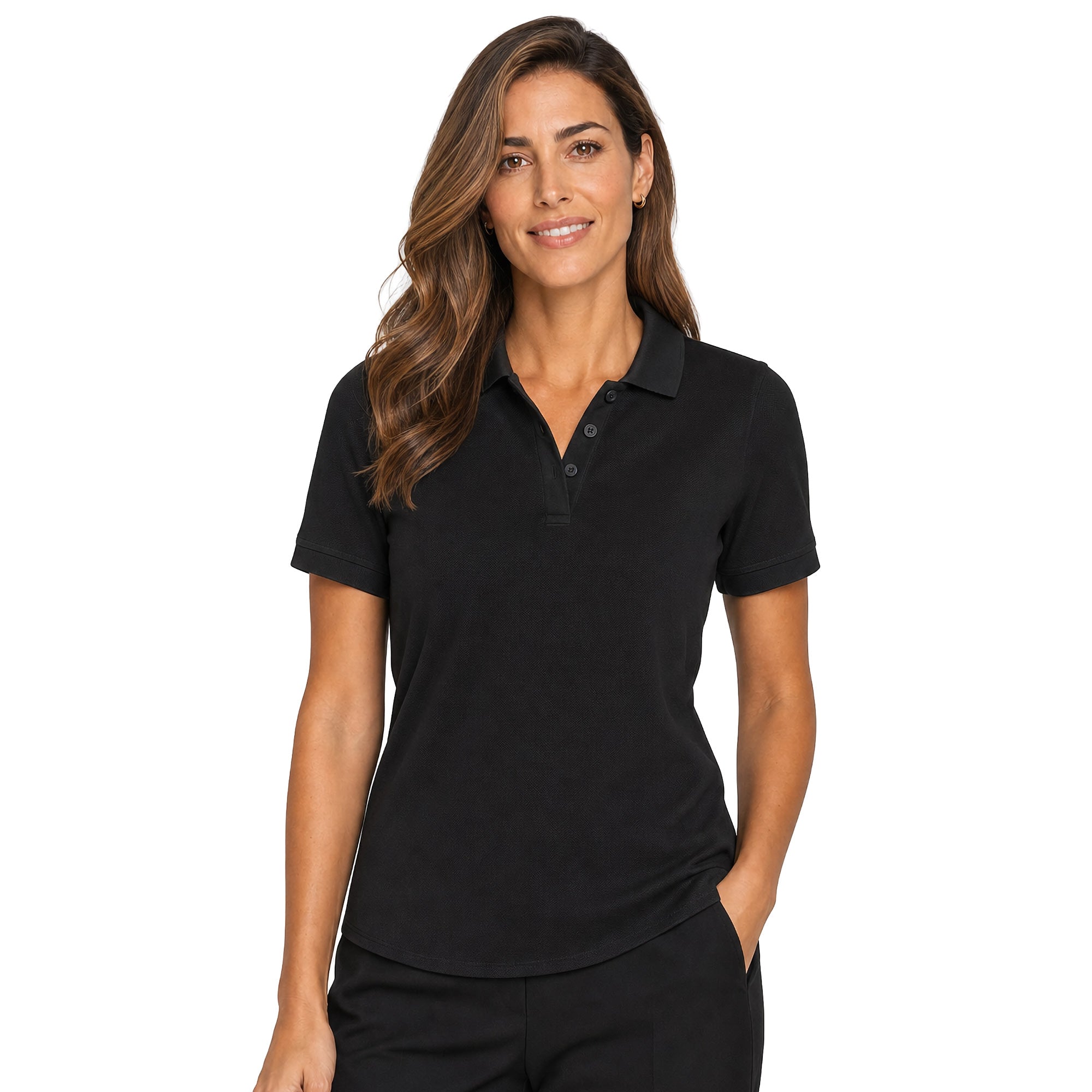 Woman wearing a black polo shirt on a white background