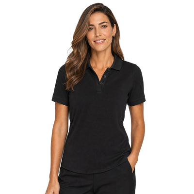 Woman wearing a black polo shirt on a white background