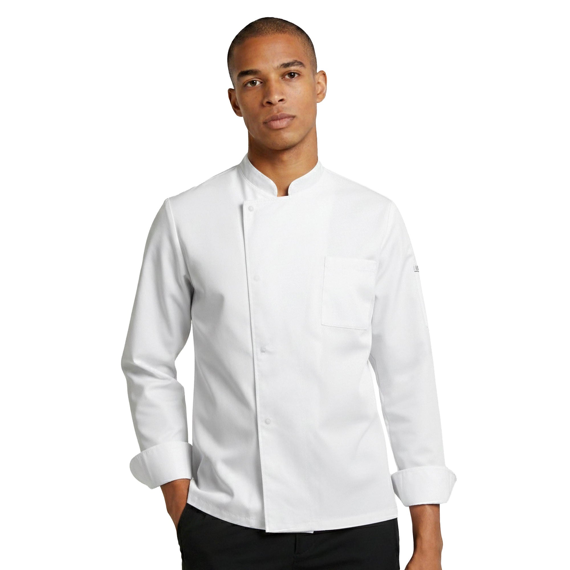 Man wearing a white chef's coat with long sleeves