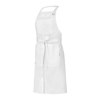 A white bib apron with an adjustable neck strap, a bib pocket, and a large twin-compartment pocket on the chest.