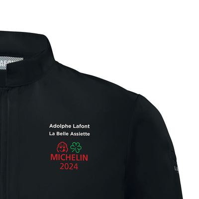 Embroidery markup on a black chef coat