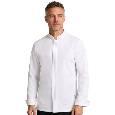 Michelin chef wearing a white long sleeve chef's coat on a white background