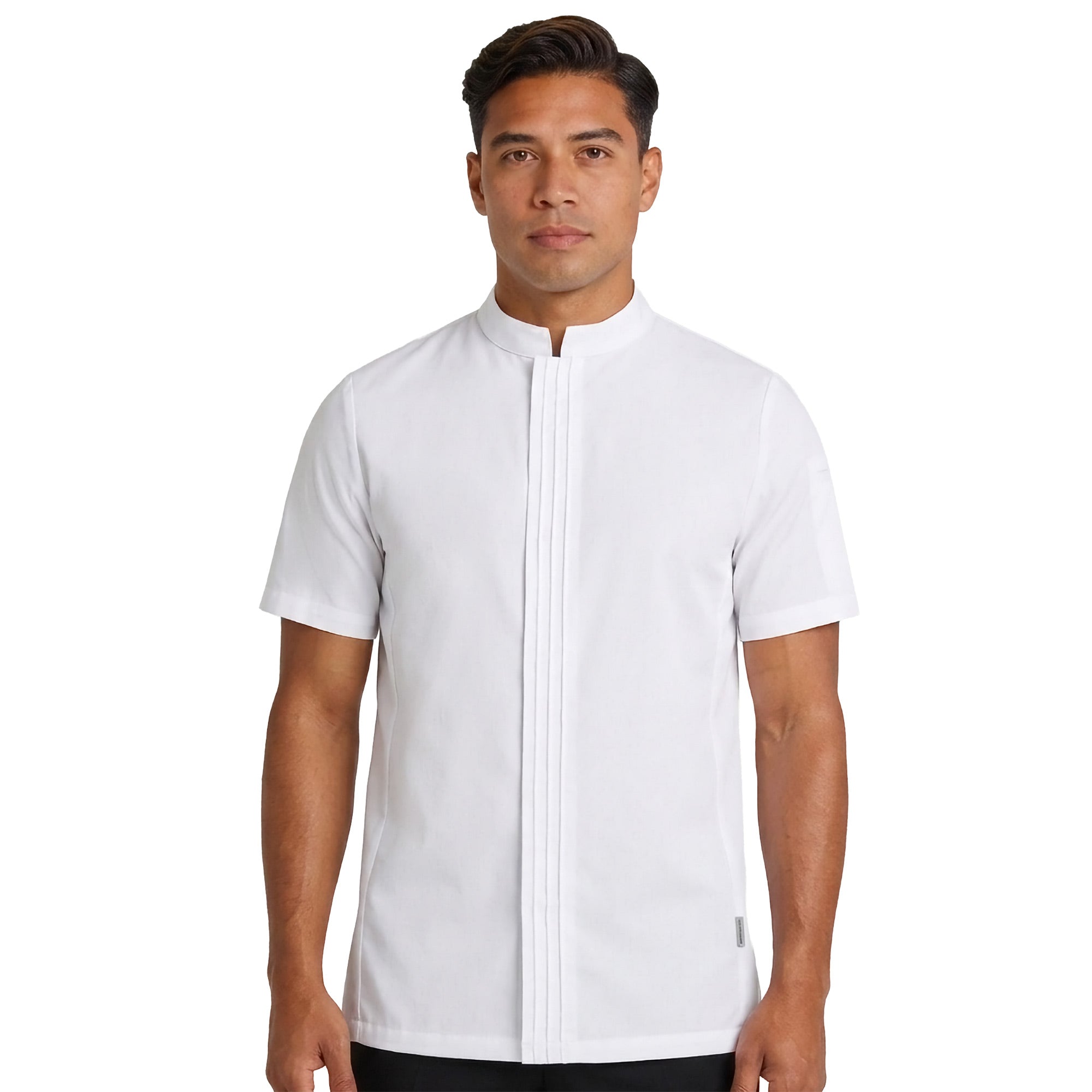 Man wearing a white short-sleeve chef jacket with hidden closure on a white background