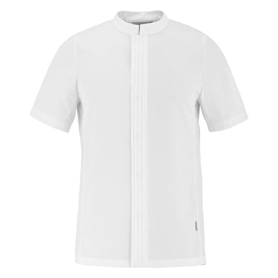 Front view of a white short-sleeve chef jacket with hidden closure on a white background