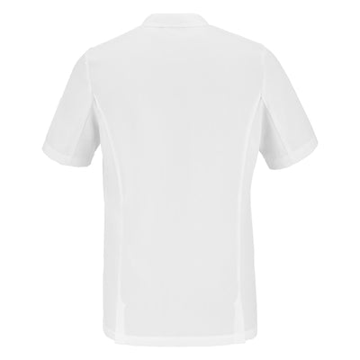Back side view of a white short-sleeve chef jacket with hidden closure on a white background