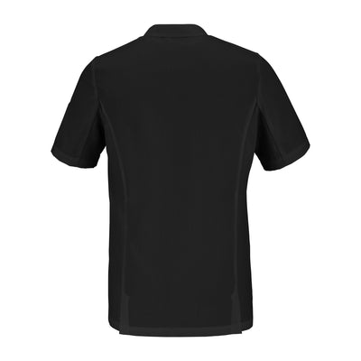 Back view of a black short-sleeve chef jacket with hidden closure on a white background