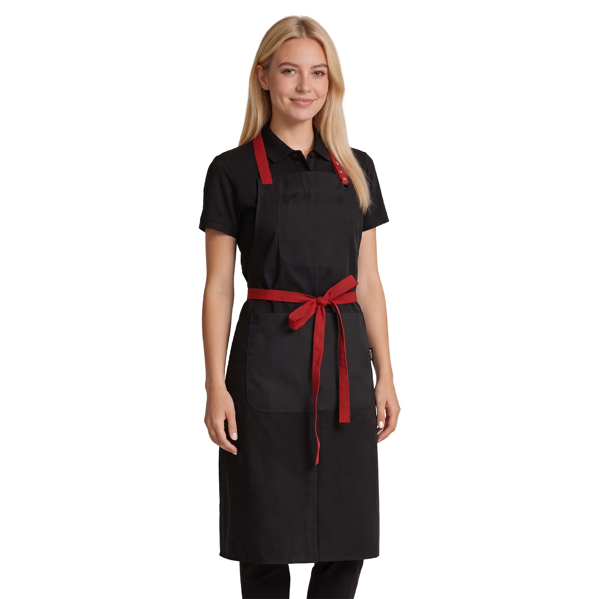 Waitress wearing a black bib apron with red adjustable neck strap and ties, a bib pocket, and a large twin-compartment pocket on the chest.