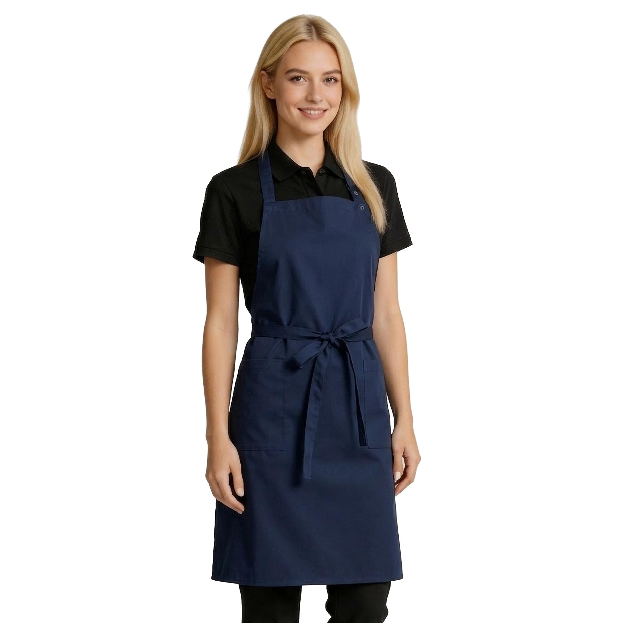 Woman wearing a navy blue bib apron with adjustable neck length and waist ties