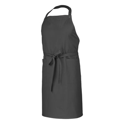 A brown bib apron with adjustable neck strap and tie waist, featuring two patch pockets.