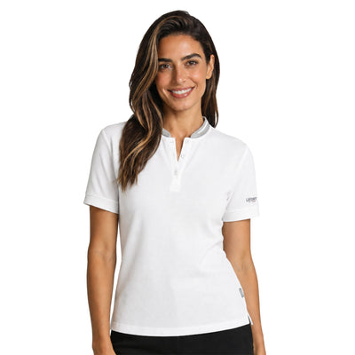 A woman wearing a white polo shirt with a mandarin collar on a white background