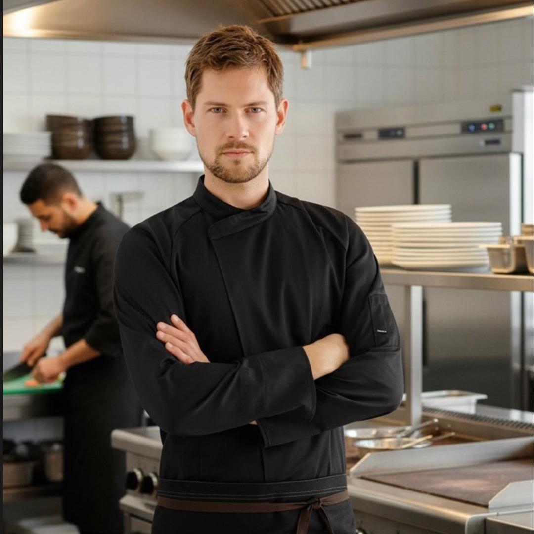 Men working in a professional kitchen wearing black chef coats and wait aprons.