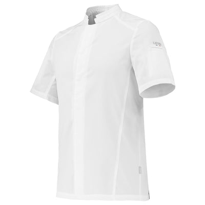 A white, short-sleeve men's chef coat with a mandarin collar and a central front fastening. It includes elasticated panels on the upper back.
