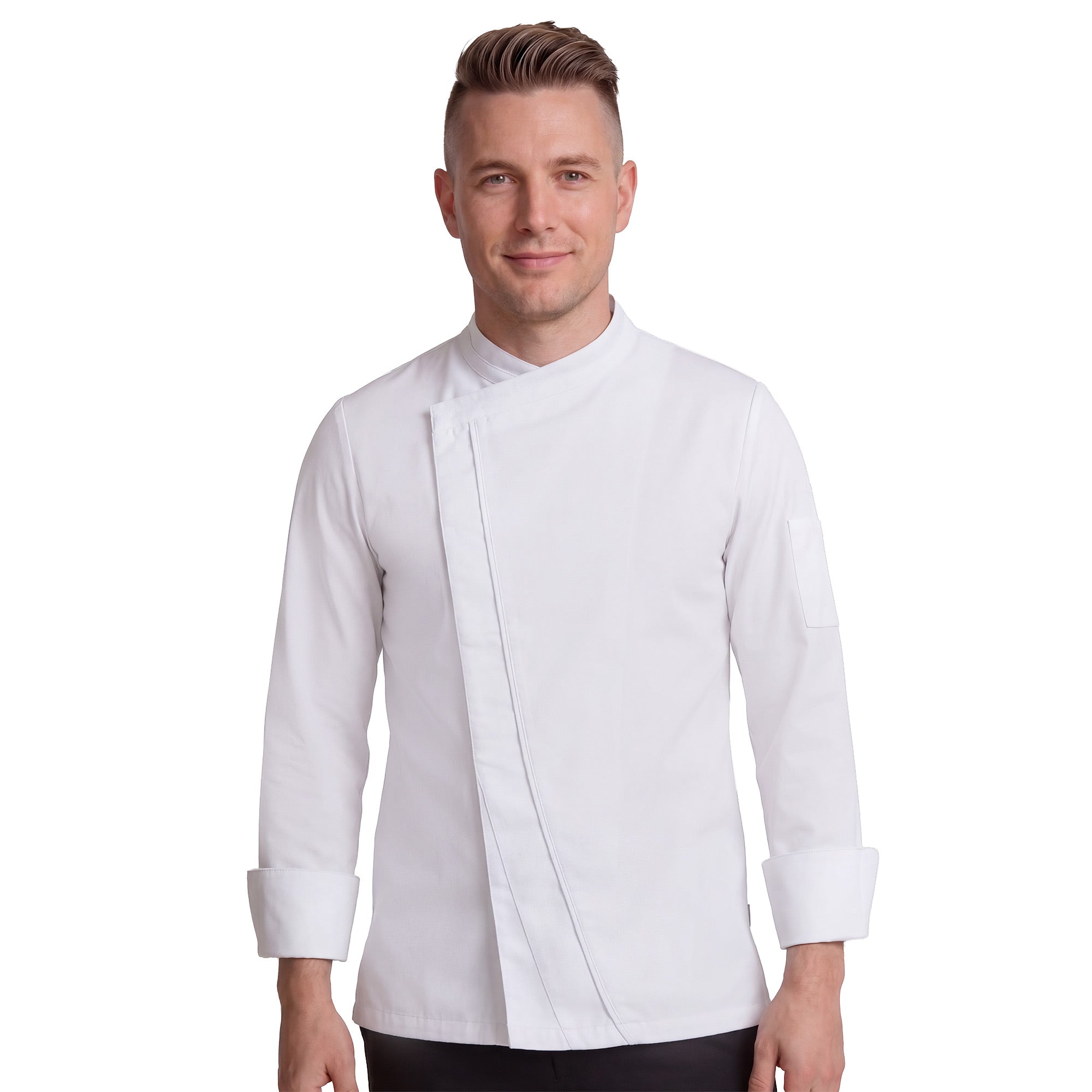 Man wearing a white chef's coat with Front closed with hidden snaps