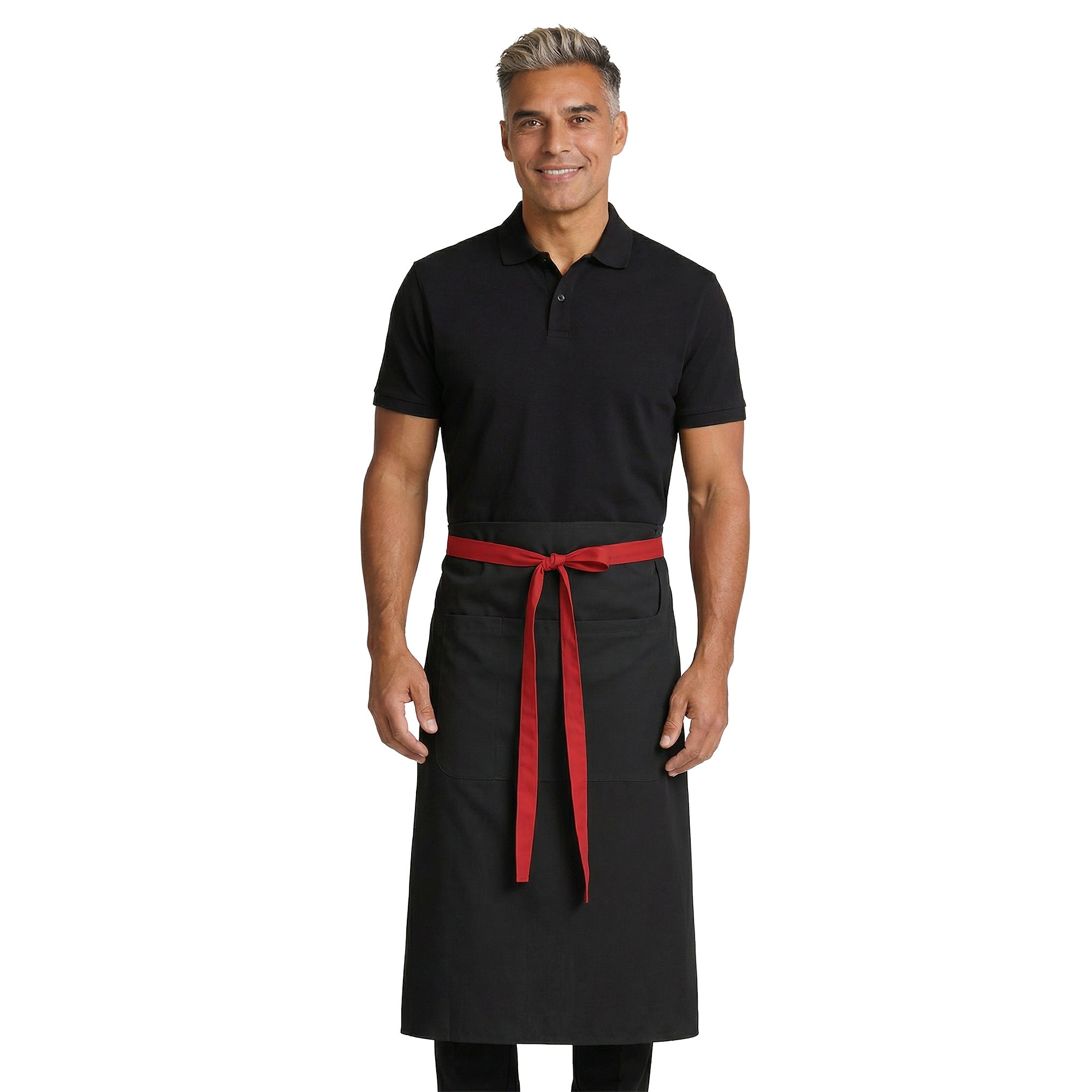 Hospitality worker wearing a black apron with a red waist ties 