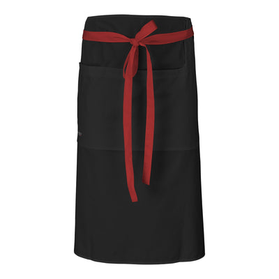 A black waist apron with a red waist ties 