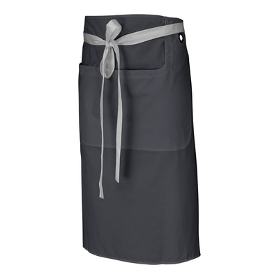 A dark gray short half chef apron with a light gray tie and a pocket with several compartments.