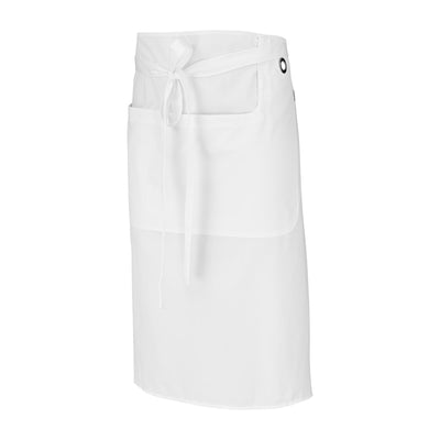 White waist apron designed for mobility and comfort and adjustable tie waist for flexible fit. 