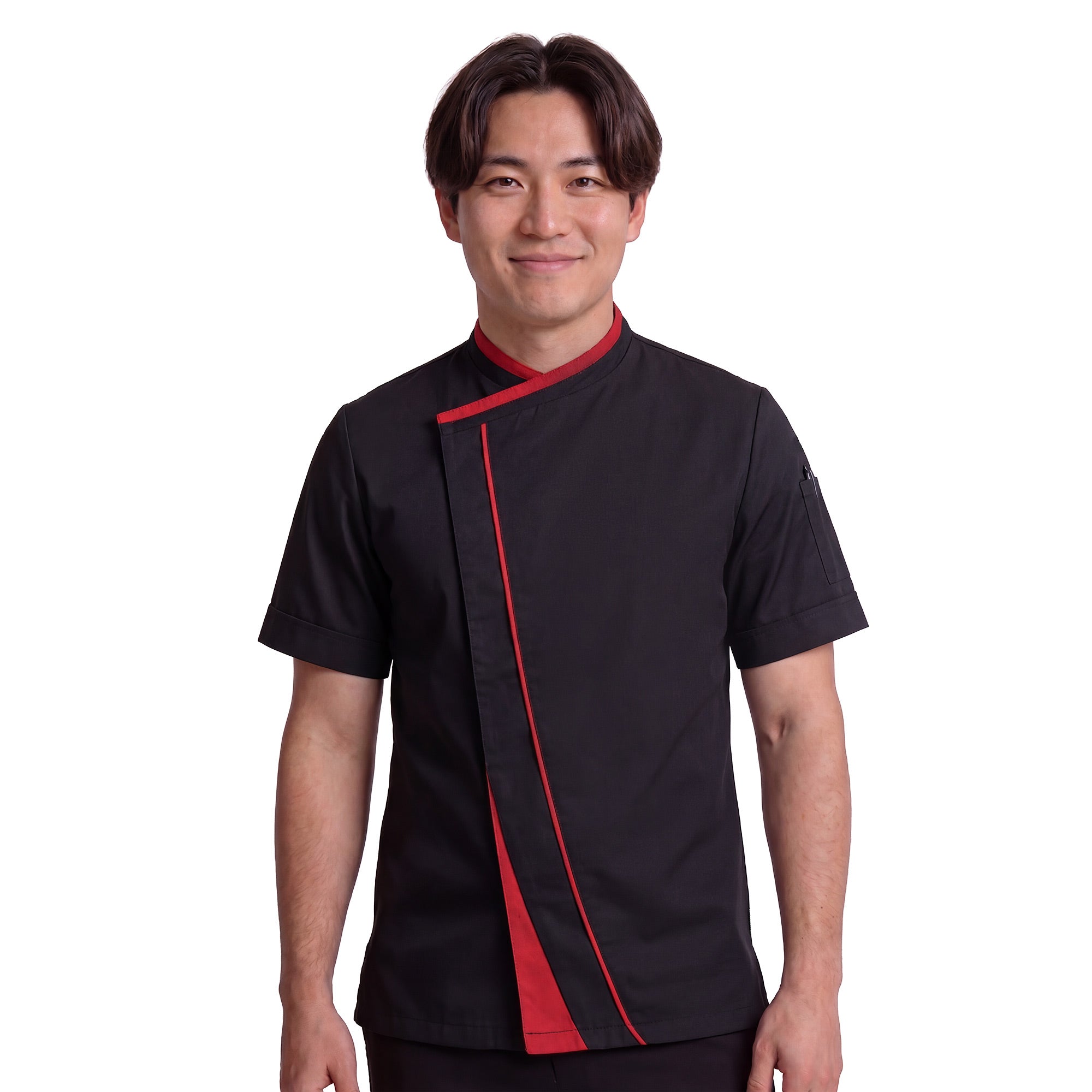 Person wearing a black chef's coat with red accents and crossover closure and hidden fastening