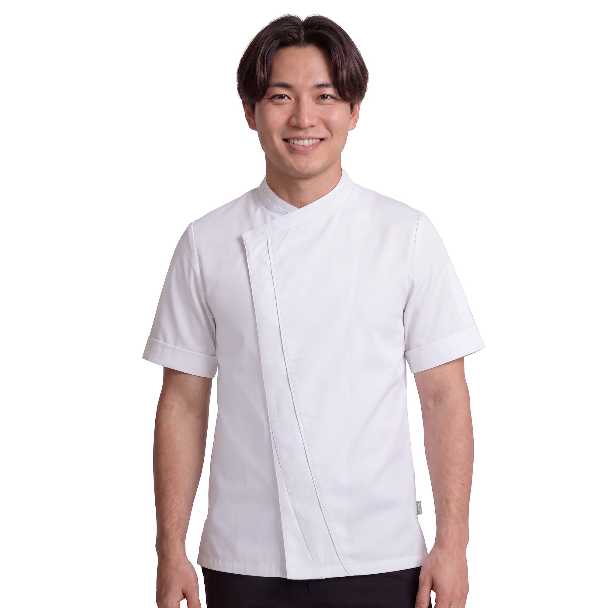 Michelin chef wearing a white short sleeve chef's with crossover closure and hidden fastening