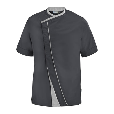 Lafont PARSLEY dark gray with light gray contrast fabric, short sleeve men's chef coat, front view professional kitchen uniform.