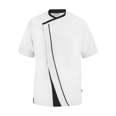 Lafont PARSLEY white with black contrast fabric, short sleeve men's chef coat, frontview professional kitchen uniform.